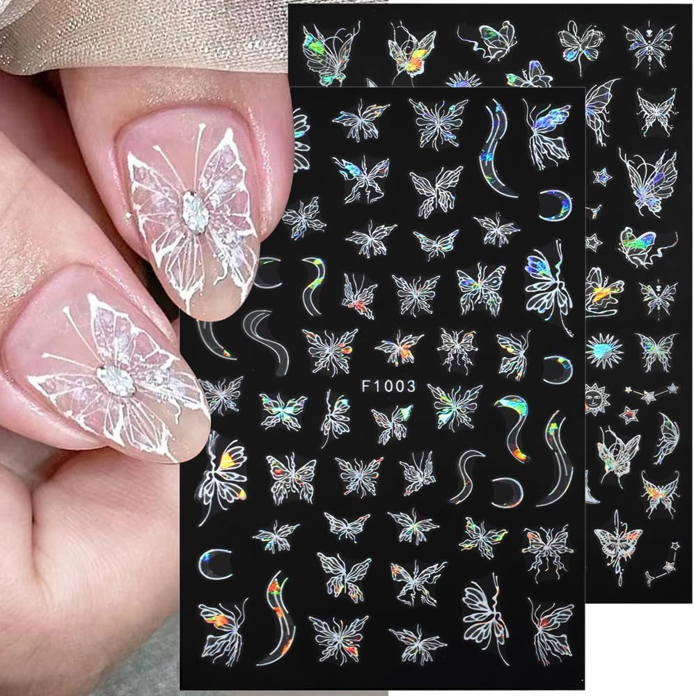 4 Blätter Holographisch Laser Weiß Schmetterling Nagelsticker,Y2K Aurora Schmetterlinge Stern Nail Sticker 3D Flamme Herz Nageldesign Nagelsticker Selbstklebend Nagel Sticker Nagel Zubehör Nail Art