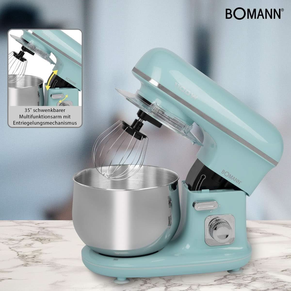 Bomann® Retro Küchenmaschine Zum Backen | Knetmaschine 5L |Starker 1100W Motor | Teigmaschine Inkl. Haken & Schneebesen | Retro Teigknetmaschine Spritzschutz Mit Nachfüllöffnung – KM 6030 CB Mint-Grün Mama si Copilul Naty Shop