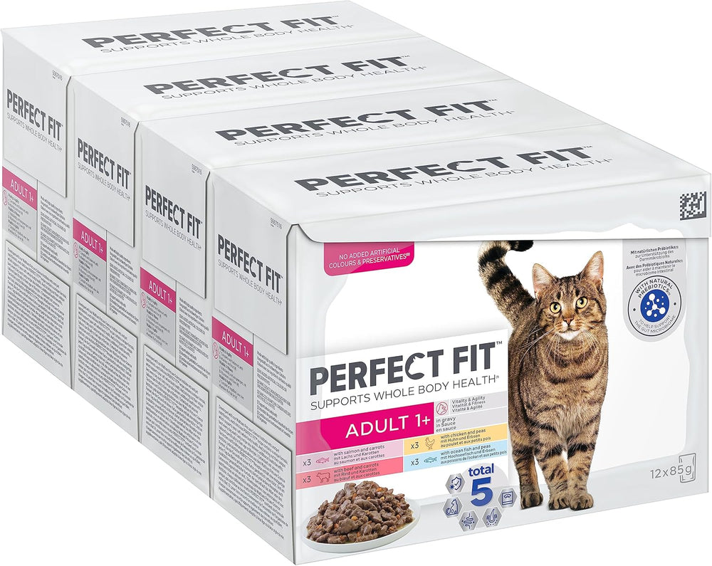 Selecție de hrană umedă Perfect Fit Adult 1+ cu somon, pește de adâncime, vită și pui, 48 de pliculețe, 12x85g (pachet de 4) – Hrană umedă premium pentru pisici adulte de la vârsta de 1 an