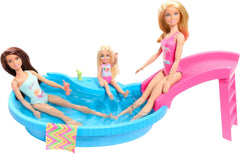 Barbie-Puppe und Zubehör – Pool mit Rutsche und Zubehör für stundenlangen Spaß in der Sonne, rosa Badeanzug mit tropischem Design, für Kinder ab 3 Jahren, HRJ74 Naty Shop Dollhouses