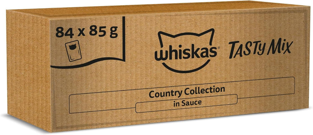 Hrană umedă Whiskas Adult 1+ Colecția Tasty Mix Country în sos, 84 pliculețe, 84 x 85g (1 pachet vrac) – Hrană umedă de înaltă calitate pentru pisici adulte