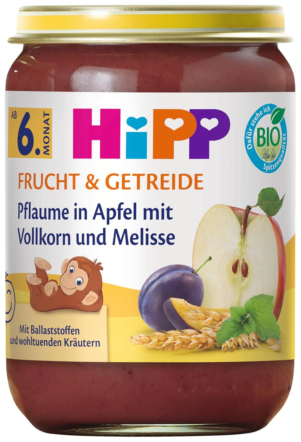 HiPP Bio-Pflaumen in Apfelcreme mit Vollkorn und Zitronenmelisse (6 x 190g), ab 6 Monaten, mit Bio-Vollkorn und wohltuenden Kräutern, ausschließlich natürliche Fruchtsüße, in bester Bio-Qualität