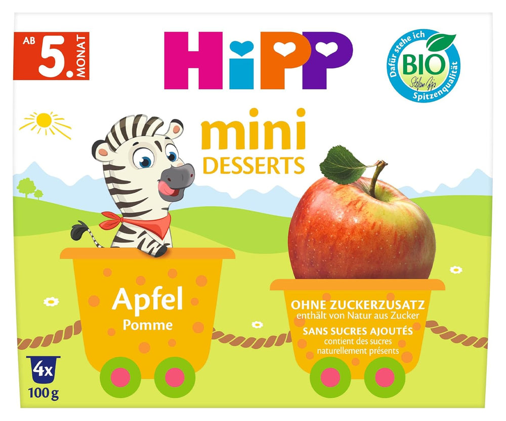 HiPP Mini-Dessert Apfel Bio (Packung à 6 x 4 x 100g), ab 5 Monaten, im praktischen Becher, ohne Zuckerzusatz, beste Bio-Qualität