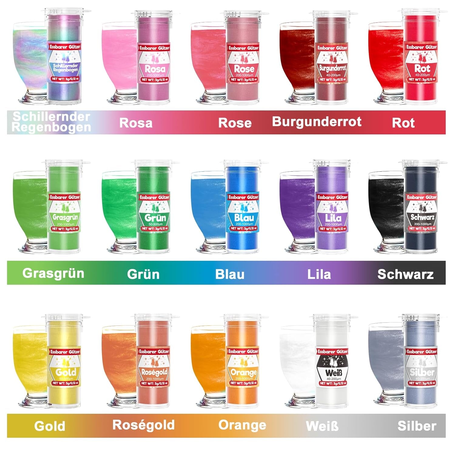 Sclipici comestibil pentru băuturi și prăjituri - 15 culori colorant alimentar pudră (3g/culoare) | Sclipici comestibil fără schimbare de aromă | Ideal pentru cocktailuri, prăjituri, deserturi și decorațiuni pentru copt