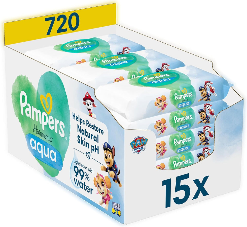 Pampers Harmony Aqua Baby Wipes Paw Patrol 15 Packung mit 48 Tüchern 720 Babyfeuchttücher helfen, den natürlichen pH-Wert der Haut wiederherzustellen. Leichte Lotion 99 % Wasser