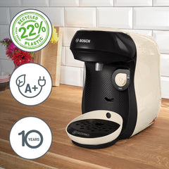 Espressor cu capsule Bosch Tassimo Happy Friendly TAS107E, peste 70 de băuturi, potrivit pentru toate tipurile de cești, oprire automată, sustenabil, dozare perfectă, economie de spațiu, 1400 W, crem/negru