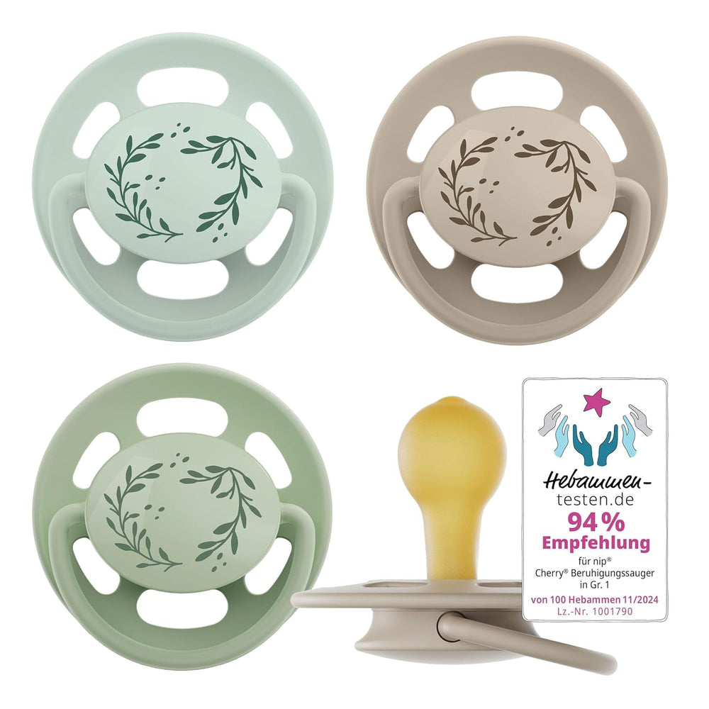 nip - Verde Cireș | 0-6 luni | Pachet de 4 | Suzetă pentru bebeluși, potrivită pentru alăptare și pentru dinți. Suzetă sustenabilă, fabricată din materii prime naturale, verde deschis/maro