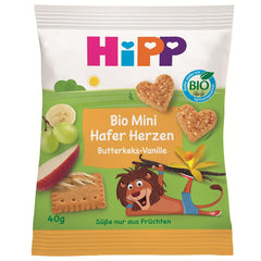 HiPP Haferflocken-Vanille-Herz-Mini-Kekse (12 x 40 g), ab 1 Jahr, Bio-Snackriegel in Herzform, reich an Getreide und Ballaststoffen, nur mit Früchten gesüßt, in bester Bio-Qualität