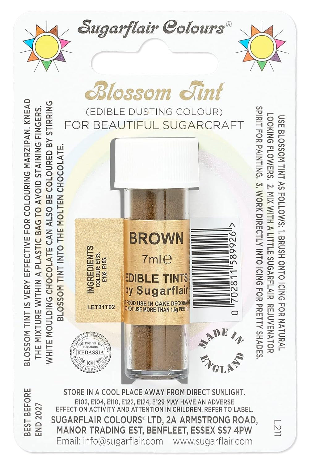 Colorant alimentar pudră Sugarflair Blossom Tint Dusting maro - Pudră de colorant alimentar pentru decorarea pastei de zahăr colorate, fondantului, glazurii, ciocolatei, cremei de unt, macaroanelor - 7 ml