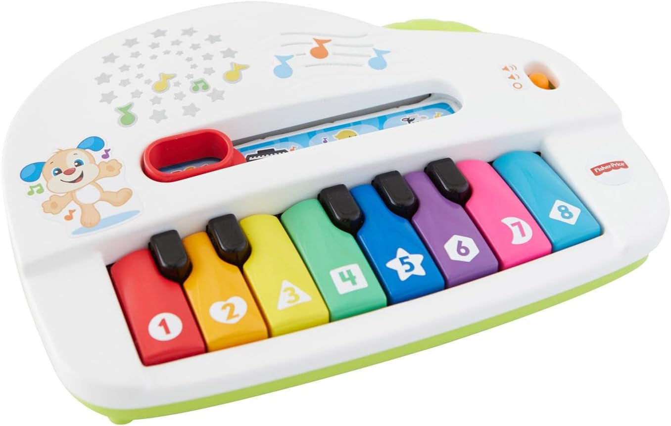 Fisher-Price Baby's first keyboard - pian portabil de jucărie cu 4 opțiuni de redare, cântece, lumini și sunete, învățare jucăușă, versiune: UK-English , GFK04 Jucarii Bebe Naty Shop franceză