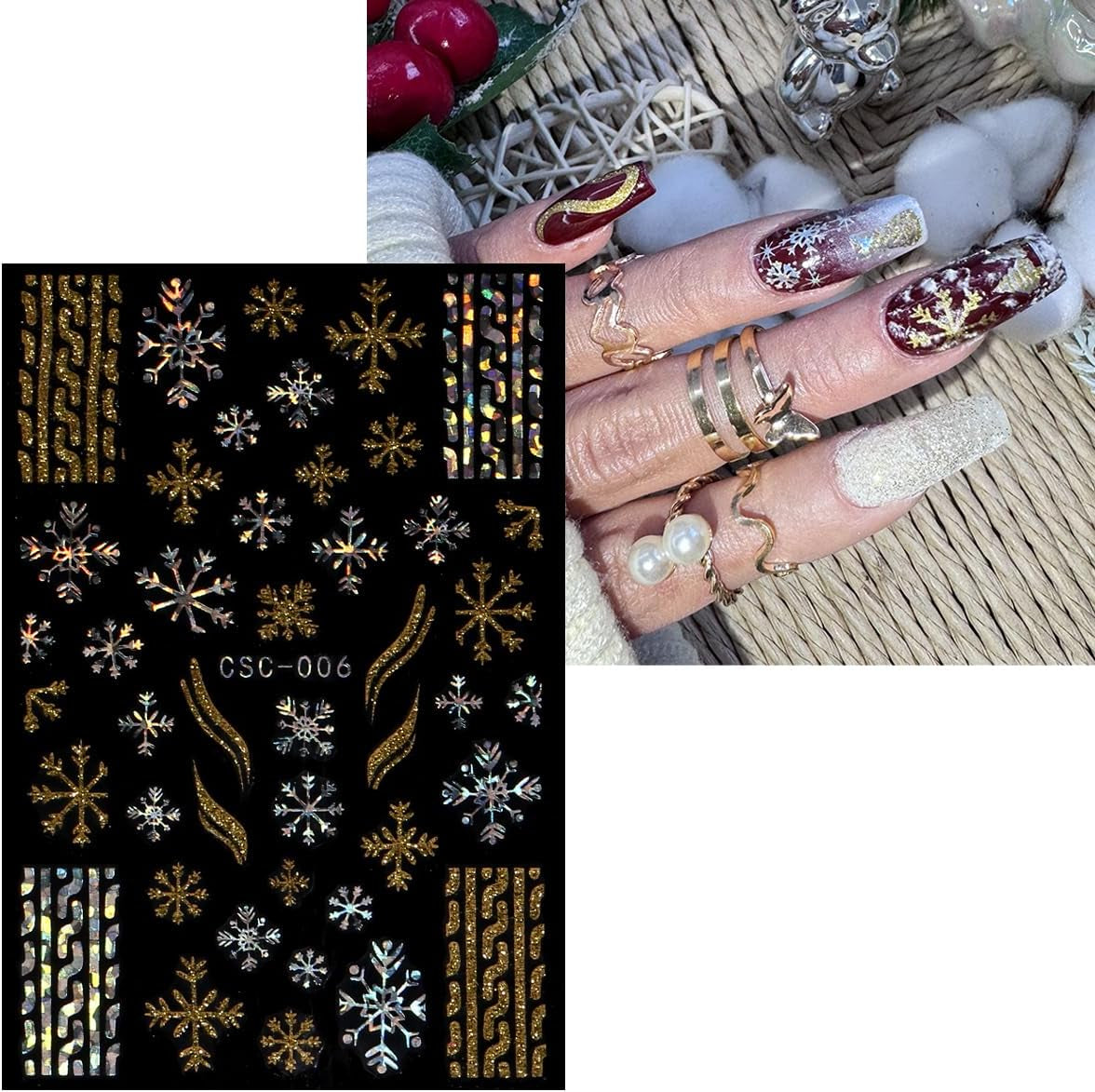 JMEOWIO Nagelsticker Weihnachten Gold Glitter Silber 8 Blatt Nail Art Sticker Selbstklebend Nagelaufkleber Schneeflocke Winterurlaub Dekoration Nageldesign Zubehör