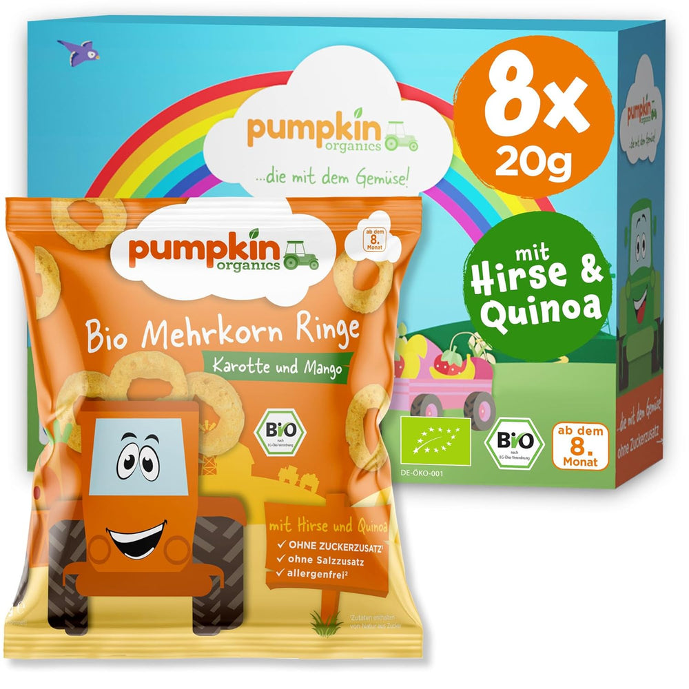 Pumpkin Organics Baby Mehrkorn-Karotten- und Mangoringe (8er-Pack) Baby-Snacks ohne Zusatzstoffe ab 12 Monaten – allergenfreie² und glutenfreie³ knusprige Baby-Snacks (8 x 20 g)