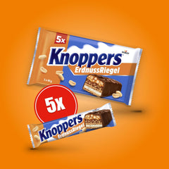 Knoppers Erdnussriegel – 1 x 200 g (5 Riegel) – Milchschokoladenriegel mit Erdnusscreme, gehackten gesalzenen Erdnüssen, Karamell und Milchschokolade