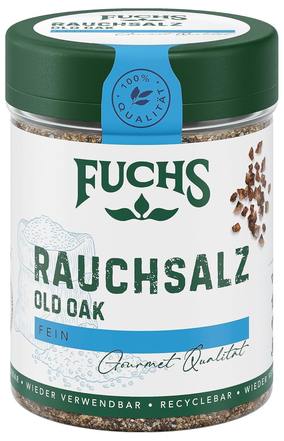 Fuchs Gewürze - Rauchsalz "Old Oak" - über Eichenholz geräuchert, rauchiger Geschmack für Grillfleisch oder Fisch - natürliche Zutat - 100 g in wiederverwendbarer, recyclebarer Dose