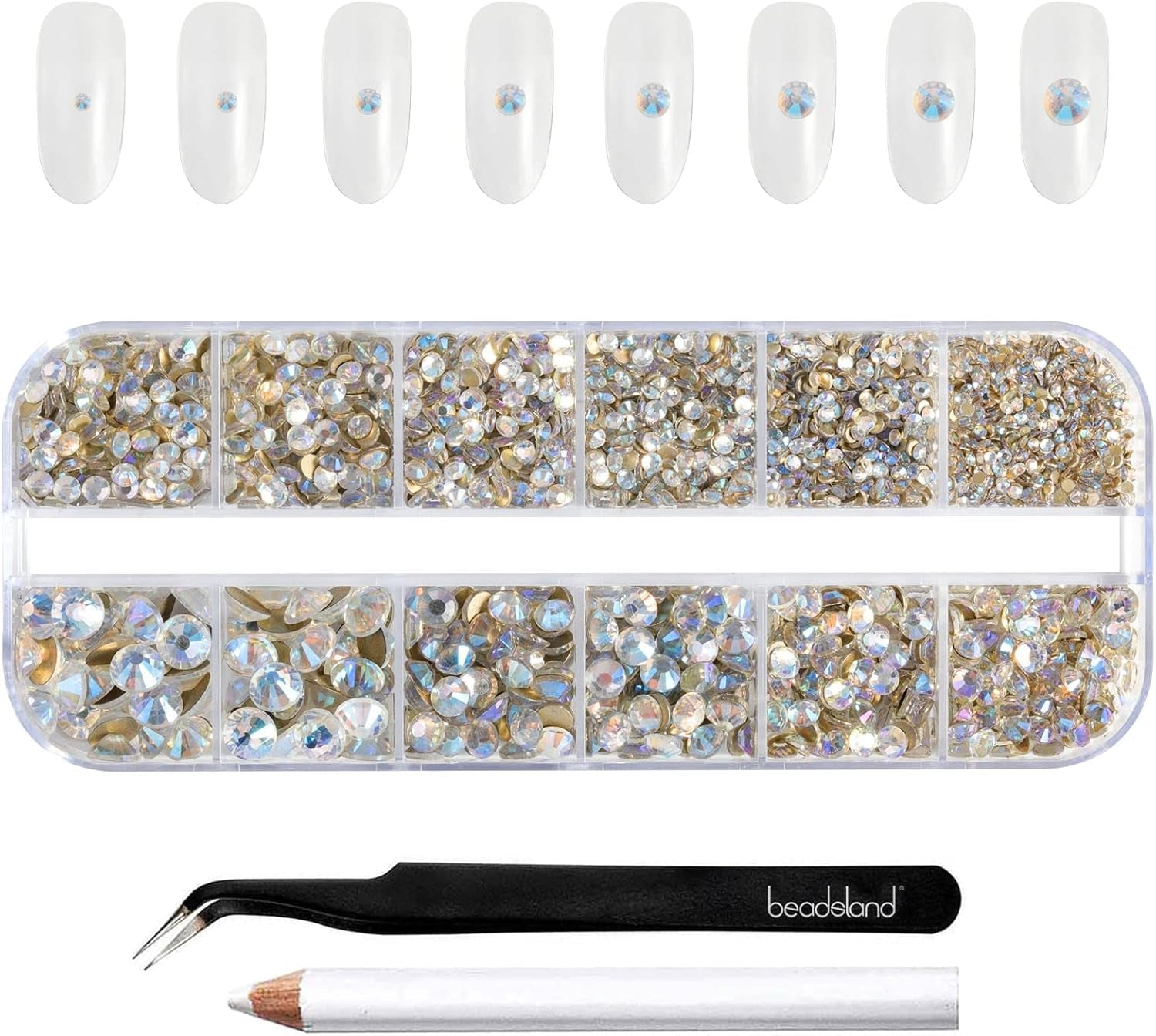 Beadsland 2500Pcs Glas Nailart Strasssteine Kristall Flatback Edelsteine Runde, Für Handwerk Gemischt 8 Größen SS4 ~ SS30 Mit Picking Pinzette Und Stift (Kristall Weiss)