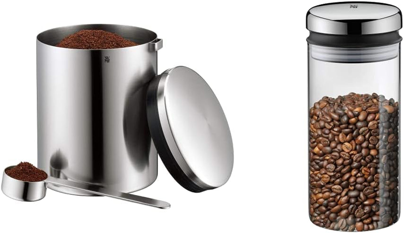 WMF cutie de cafea cu lingură de cafea Kult Cromargan din oțel inoxidabil cu finisaj mat 500g și borcan de depozitare 1 litru din sticlă Depot lavabil în mașina de spălat vase Cutii depozitare alimente Naty Shop Pachet cu cutie de depozitare