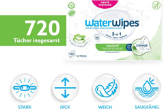 WaterWipes Sensitive+ Hydrating Boost Feuchttücher, feuchtigkeitsspendende Tücher, 720 Stück (12er-Pack), 3-in-1-Reinigung, Pflege, Feuchtigkeit, 99 % Aloe-Vera-Wasser, parfümfreie Babytücher