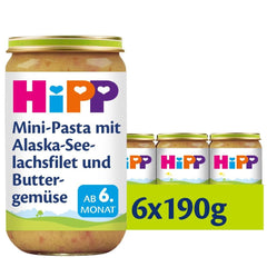 Hipp Mini-Pasta mit Alaska-Seelachs-Fischfilets und Gemüse mit Butter, 6er-Pack (6 x 190 g) Mutter und Kind Naty Shop