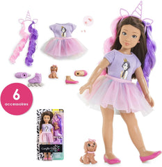 Corolle 9000600030 - Girls Luna Einhorn Set, Knöchelpuppe im Sommeroutfit mit Hund, mit Haarband, Ohrringen und extra Gummistiefel, 28cm Spielpuppe mit Vanilleduft, ab 4 Jahren