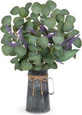 Hollyone Kunstpflanze Eukalyptus in Rustikalen Metall Vase, 45Cm Zimmerpflanzen Künstliche Eukalyptus Mit Lavendel Dekopflanzen Für Bauernhof Haus Hochzeit Tisch Centerpiece Deko