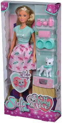Simba 105733489 - Steffi Love Kitty Love, Puppe in einem modischen Outfit mit süßer Katze mit Essen um den Mund, mit viel Zubehör