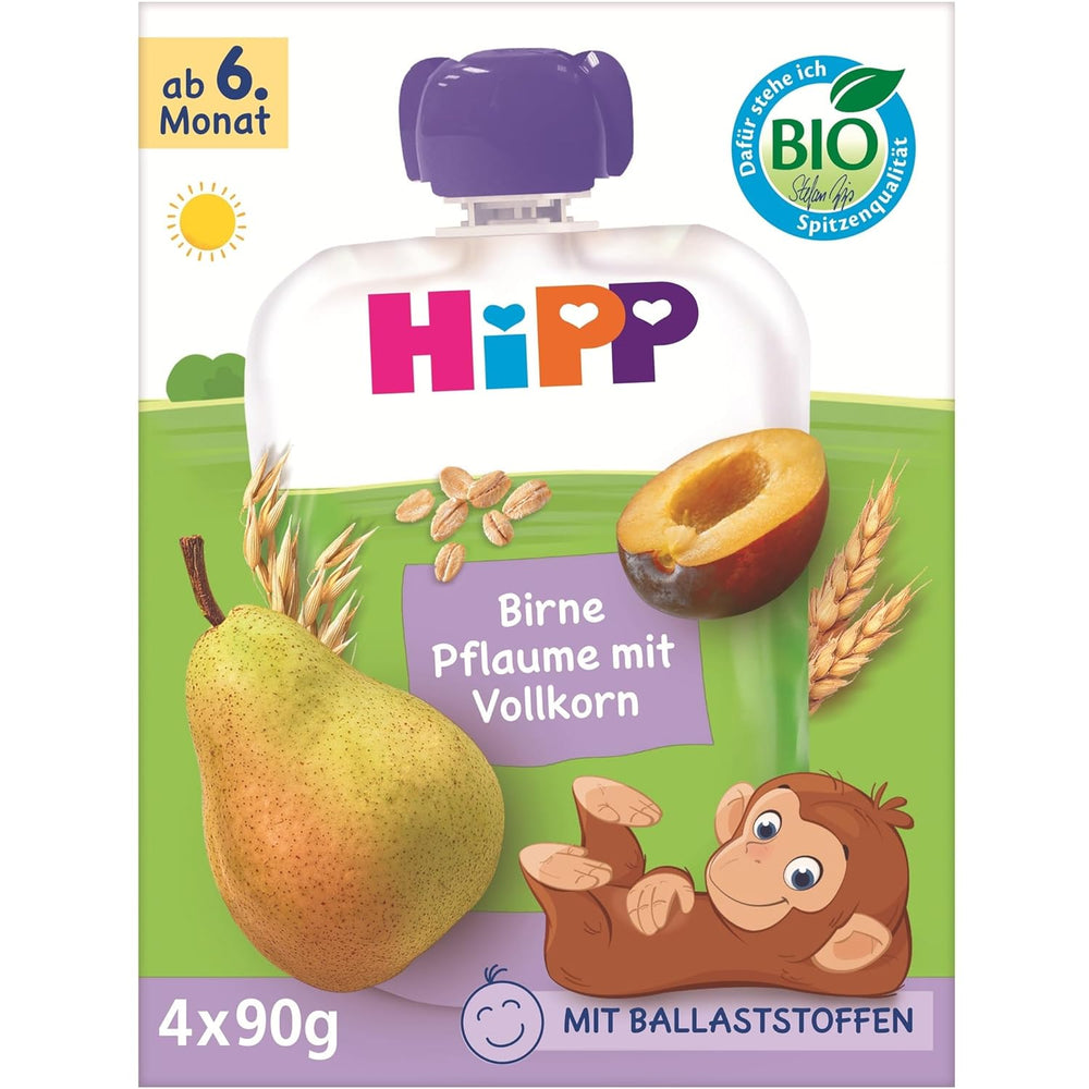 HiPP Bio-Birnen- und Pflaumensäckchen, Vollkorn, 16 Stück (4 Packungen à 4 x 90 g), für Babys ab 6 Monaten, ohne Zuckerzusatz, vegan, beste Bio-Qualität