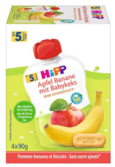 Hipp Quetschbeutel für Babys, Früchtebrei, Mango-Pfirsiche in Banane mit Hafer, 100 % Bio-Früchte ohne Zuckerzusatz, 4 x 4 Beutel à 90 g Mutter und Kind Naty Shop 4 x 4 Beutel à 90 g Banane mit Äpfeln und Keksen für Kinder