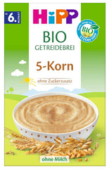 HiPP Bio-Getreidebrei mit 5 Cerealien (7 x 200g), ab 6 Monaten, ohne Zuckerzusatz, schonend für Babys Bauch, beste Bio-Qualität