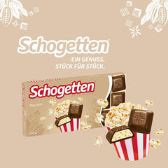 Schogetten Popcorn 1 Tafel Schokolade x 100g, Milchschokolade mit Popcorn und Maisstückchen, praktische Einzelstücke. Eine Delikatesse. Stück für Stück.