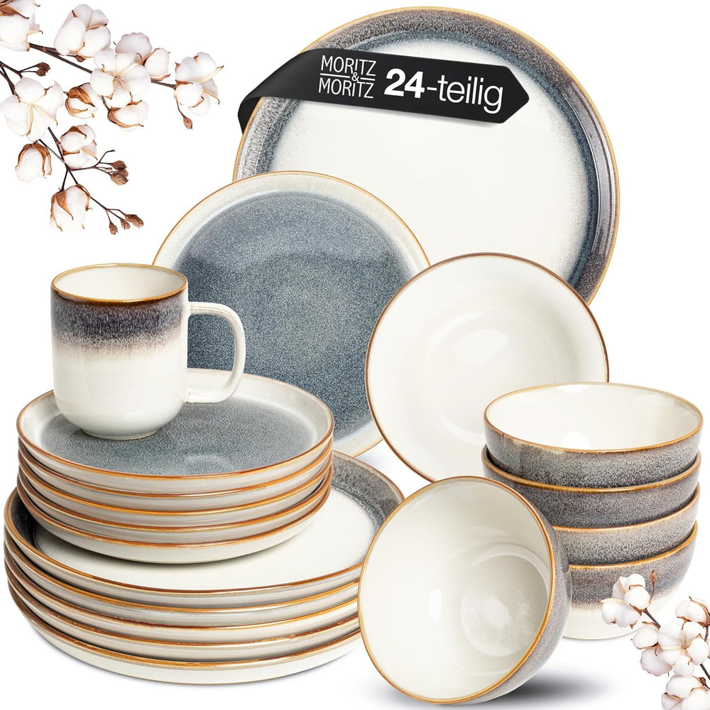 Set de veselă Moritz & Moritz TARENTO, 24 de piese, pentru 6 persoane, gri - Set elegant de farfurii din gresie de înaltă calitate - Setul de veselă include 6 farfurii de cină, 6 farfurii de desert, 6 farfurii de sumă și 6 cești