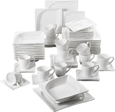 MALACASA, Seria Monica, Set de veselă pentru 12 persoane, Porțelan alb-crem, Serviciu combinat cu 12 cești de cafea, 12 farfurioare, 12 farfurii de desert, 12 farfurii de sumă și 12 farfurii de cină