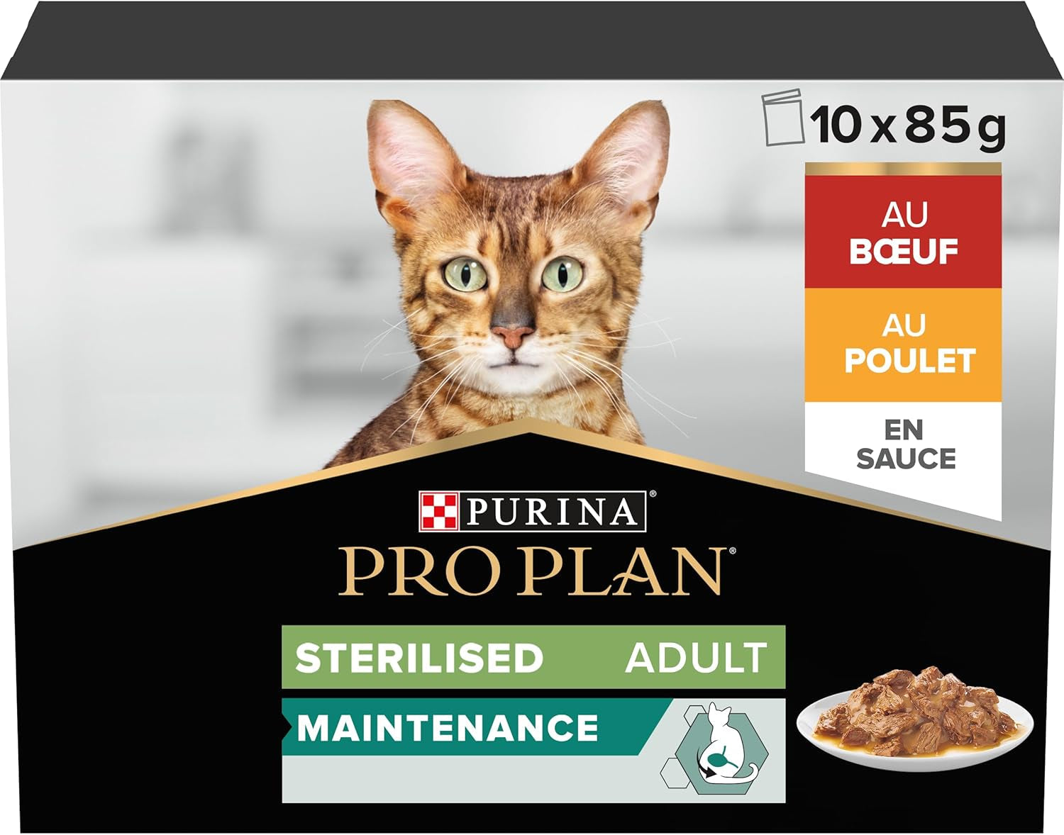 Purina Pro Plan Hrană umedă pentru pisici, sterilizată, bogată în pui și bou, 4 pachete a 10 pungi a 85 g