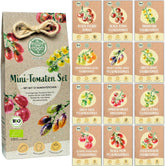 Bio-Mini-Tomatensamen-Set: 12 Sorten frei angebauter Tomaten | Seltene und familiäre Cocktail-, Kirsch- und Beefsteak-Tomatensamen | Gemüsesamen für Balkon, Hochbeet, Garten und Geschenk | Liebespflanzen