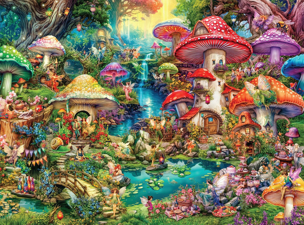 Buffalo Games – Aimee Stewart – Merry Mushroom Village Picnic – 1000-teiliges Puzzle für Erwachsene, anspruchsvolles Puzzle, perfekt für Spieleabende – fertiges Puzzle in der Größe 26,75 x 19,75 cm. Naty Shop-Standardtitel