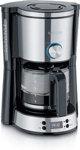 Espressor SEVERIN „TypeSwitch” cu carafă de sticlă și cronometru, AromaSwitch pentru alegerea a 2 opțiuni de preparare, ceas digital cu funcție de cronometru, pentru până la 10 cești, 1000W, oțel inoxidabil periat-negru, KA 4826