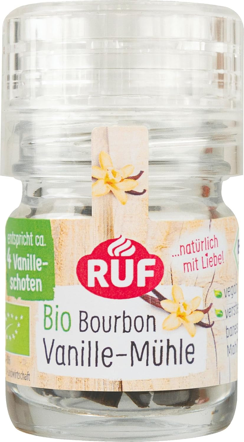 RUF Bio Bourbon Vanille-Mühle, Gewürz-Mühle aus aromasicherem Glas, Vegan, Verstellbares Mühlwerk, Vanilleschoten zum Backen und Kochen, 1 x 7,5 g