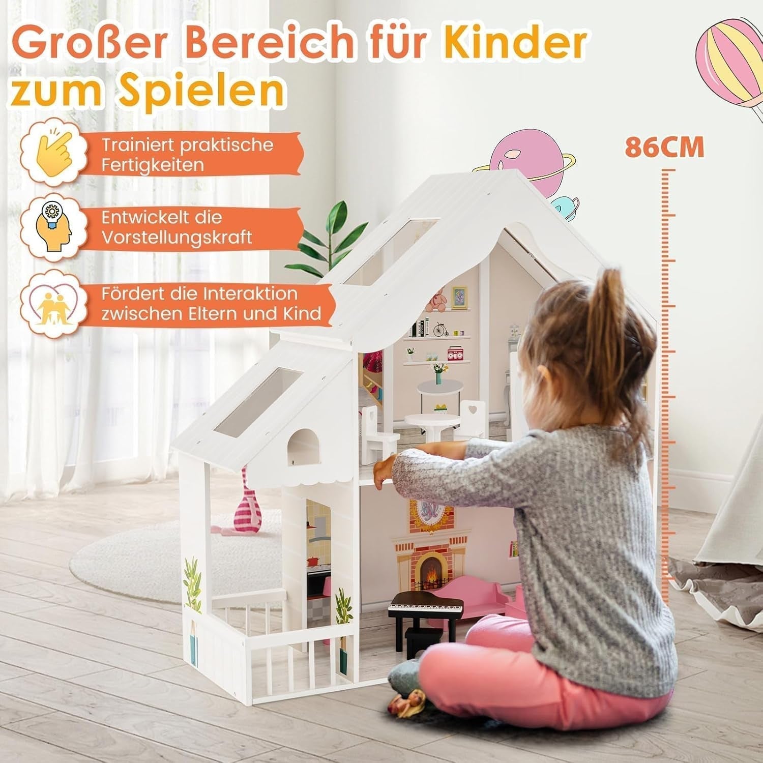 FANTASK Casă de păpuși din lemn, casă de păpuși cu 2 etaje cu accesorii și mobilier, jucărie pentru păpuși de 28-36 cm, pentru copii cu vârsta de peste 3 ani Casute de papusi Naty Shop