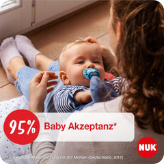 Suzete NUK Signature pentru bebeluși | 0-6 luni | Calmează 95% dintre bebeluși | Suzete din silicon în formă de inimă, fără BPA | Cu husă | Inimioare roz | Pachet de 2