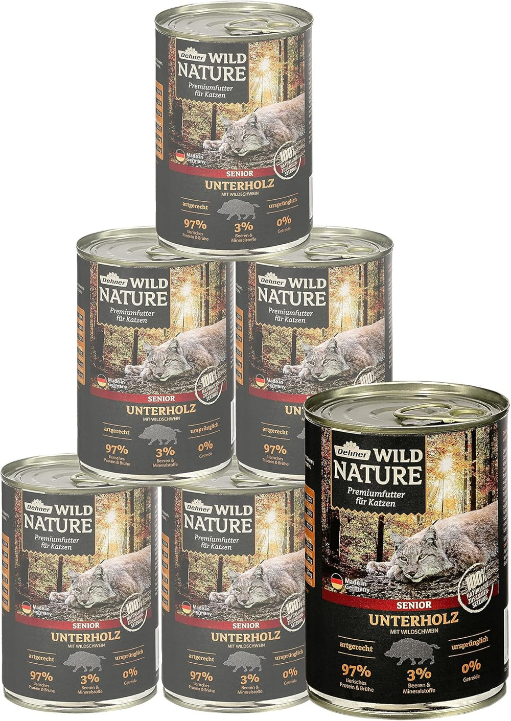 Dehner Wild Nature Katzenfutter Unterholz, Nassfutter getreidefrei / zuckerfrei, für ältere Katzen, Wildschwein, 6 x 400 g Dose, (2.4 kg)