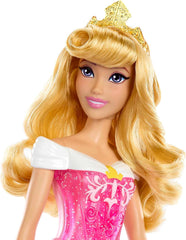 Mattel DISNEY Prințesa Aurora - Păpușă cu ținută emblematică, pantofi și diademă detașabile, top strălucitor și fustă detașabilă cu model, păr lung pentru coafat, HLW09