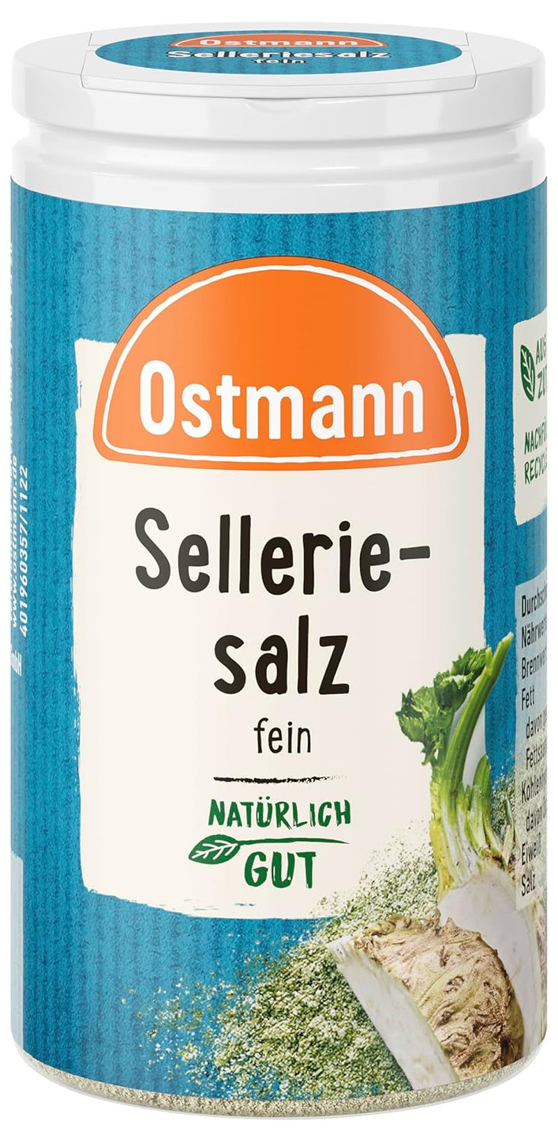 Ostmann Gewürze - Selleriesalz | Zum Verfeinern zährlicher herzhafter Gerichte | Recyclebare, nachfüllbare Streudose | 50 g in ein Sieb geben