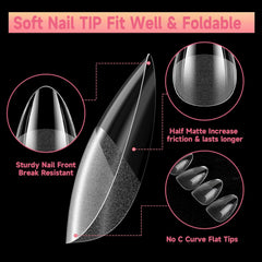 Tipuri de unghii pentru unghii cu gel, set 120 bucăți unghii artificiale scurte, culoare migdale, 11 dimensiuni unghii cu gel, tipuri de unghii cu lipici, bloc de buffer pentru unghii