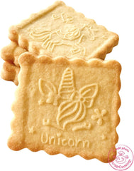 Ștampilă de copt din lemn ScrapCooking cu motiv de unicorn, cu 1 formă de biscuiți, biscuiți și cuburi, decor cu 5 fețe, decor în relief -5123