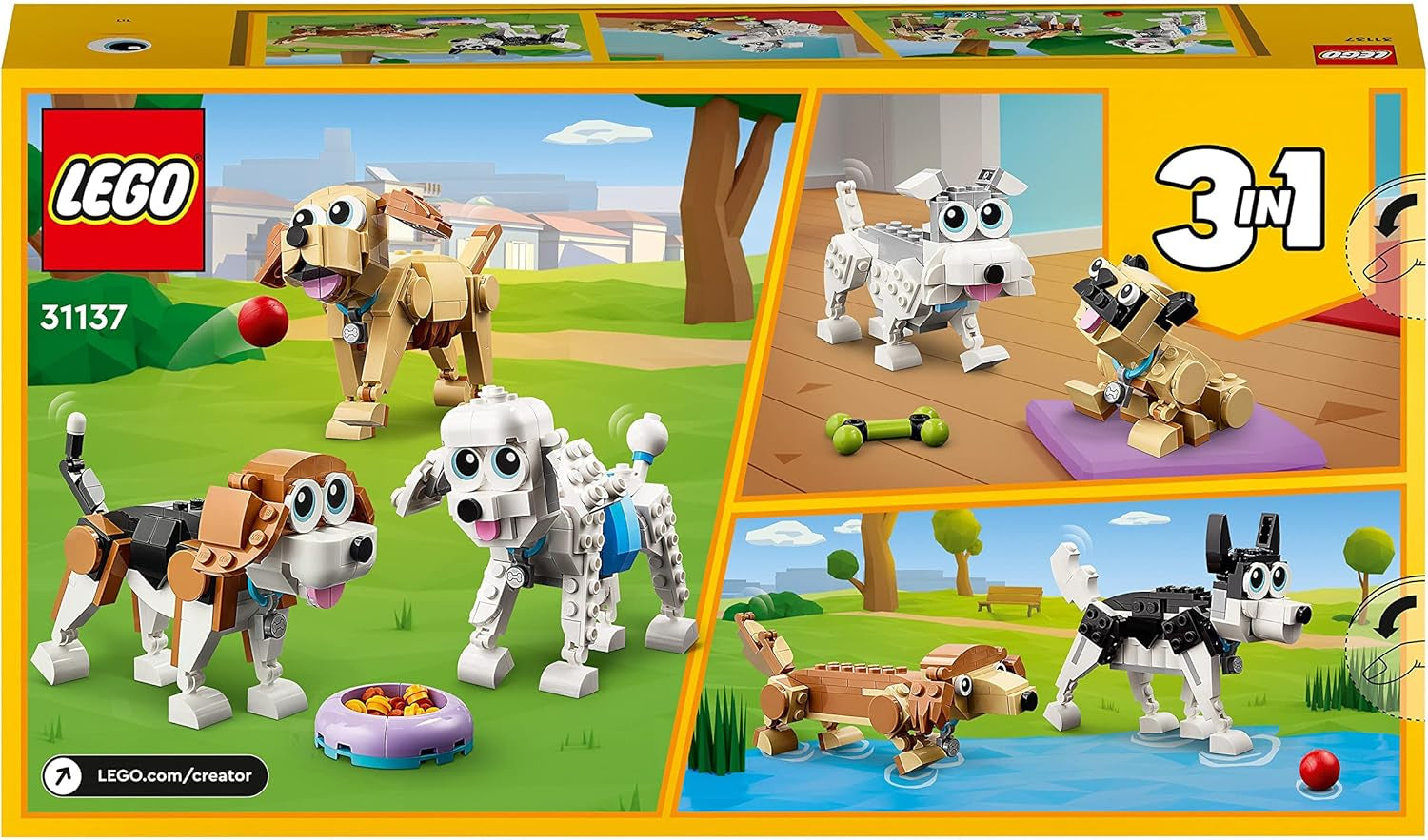 LEGO 31137 Creator 3In1 Set de câini drăguți cu figuri de animale Teckel, Pug, Poodle și multe altele, jucărie pentru copii 7+, cadou pentru iubitorii de câini Seturi de constructie Besuche den LEGO-Store