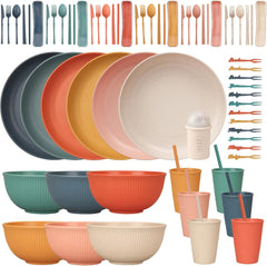Set de tacâmuri indestructibil pentru 6 persoane, set de tacâmuri pentru camping cu 66 de piese, seturi de tacâmuri din plastic pentru picnic, ușoare, colorate, grătar, farfurii de servire din plastic, boluri, set de tacâmuri