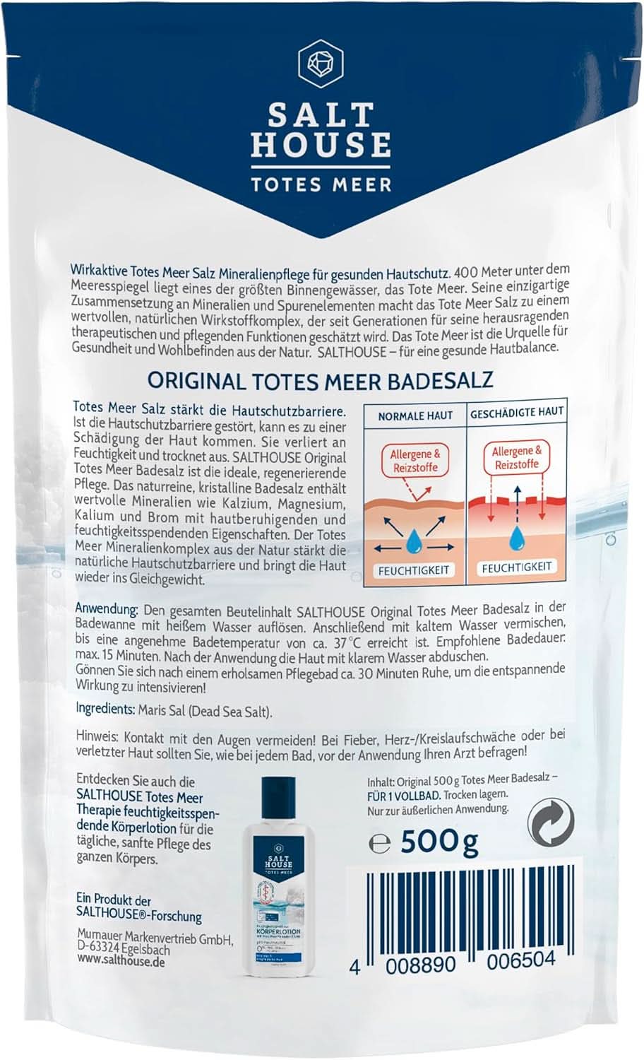 Salthouse Original Dead Sea Bath Salts, saruri de baie, calmant pentru iritațiile pielii, pentru pielea sensibilă și uscată, 100% natural, 500 grame Duș și baie Naty Shop