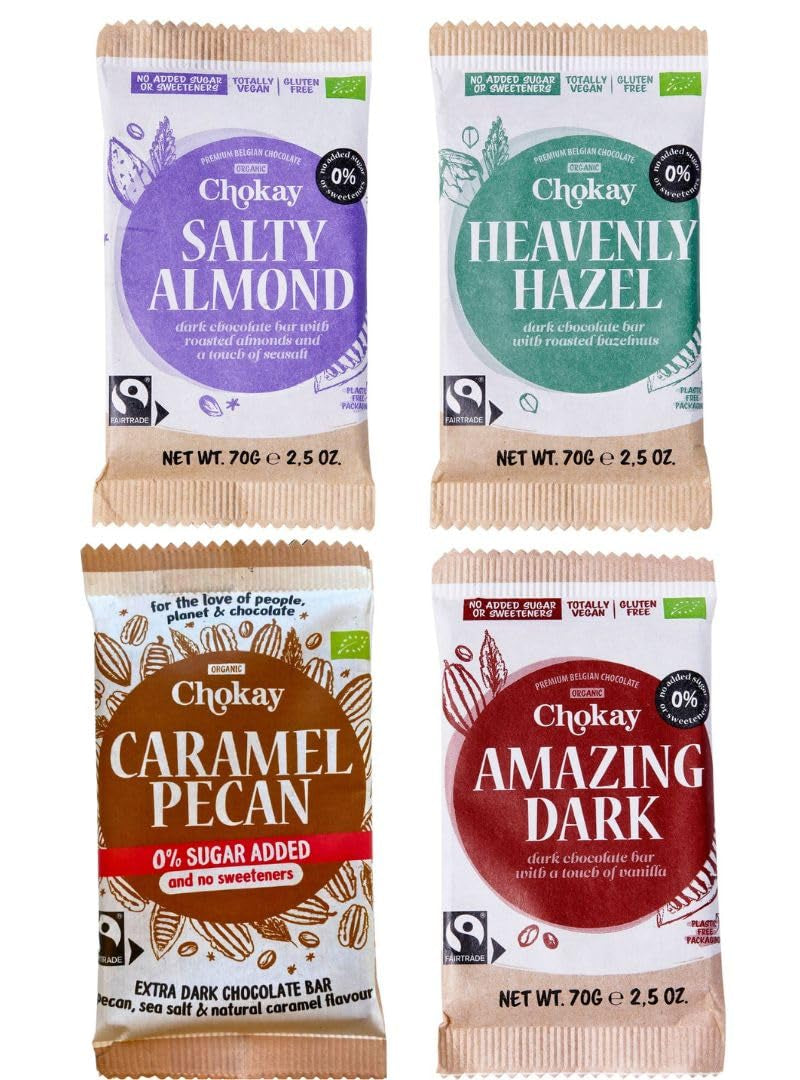 Bio-Riegel – 4-teiliges Probierset/Erstaunliches Schwarz, Haselnuss, Pekannuss-Karamell, gesalzene Mandel/Ohne Zuckerzusatz, ohne Süßstoffe/VEGAN, GLUTENFREI & FAIR TRADE / 4 x 70 g