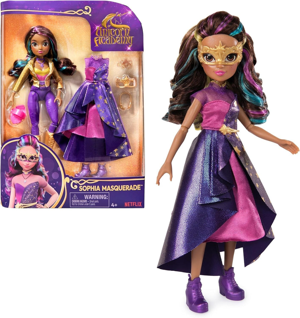 Unicorn Academy Deluxe Masked Ball Sophia – 24 cm große Puppe aus der beliebten Netflix-Serie mit 2 Outfits, klassischer Verkleidung und Rollenspiel, ab 4 Jahren. Naty Shop Dolls Sophia Masked Ball