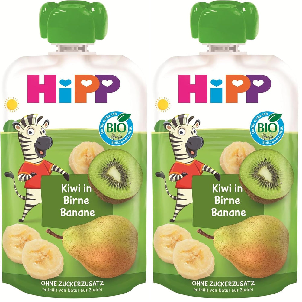 HiPP Bio Quetschie Kiwi in Birne-Banane - Charlie Zebra (8 x 100g), ab 1 Jahr, 100% Fruchtpüree, ohne Zuckerzusatz, vegan, in bester Bio-Qualität (Verpackung mit 2)