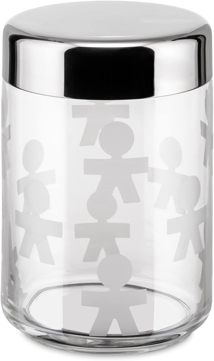 Alessi AKK37 GIROTONDO Borcan de bucătărie din sticlă cu amprentă și capac sigilat din oțel inoxidabil, L 21.6cm, H 10.5cm Cutii depozitare alimente Naty Shop W 21.6cm, H 10.5cm